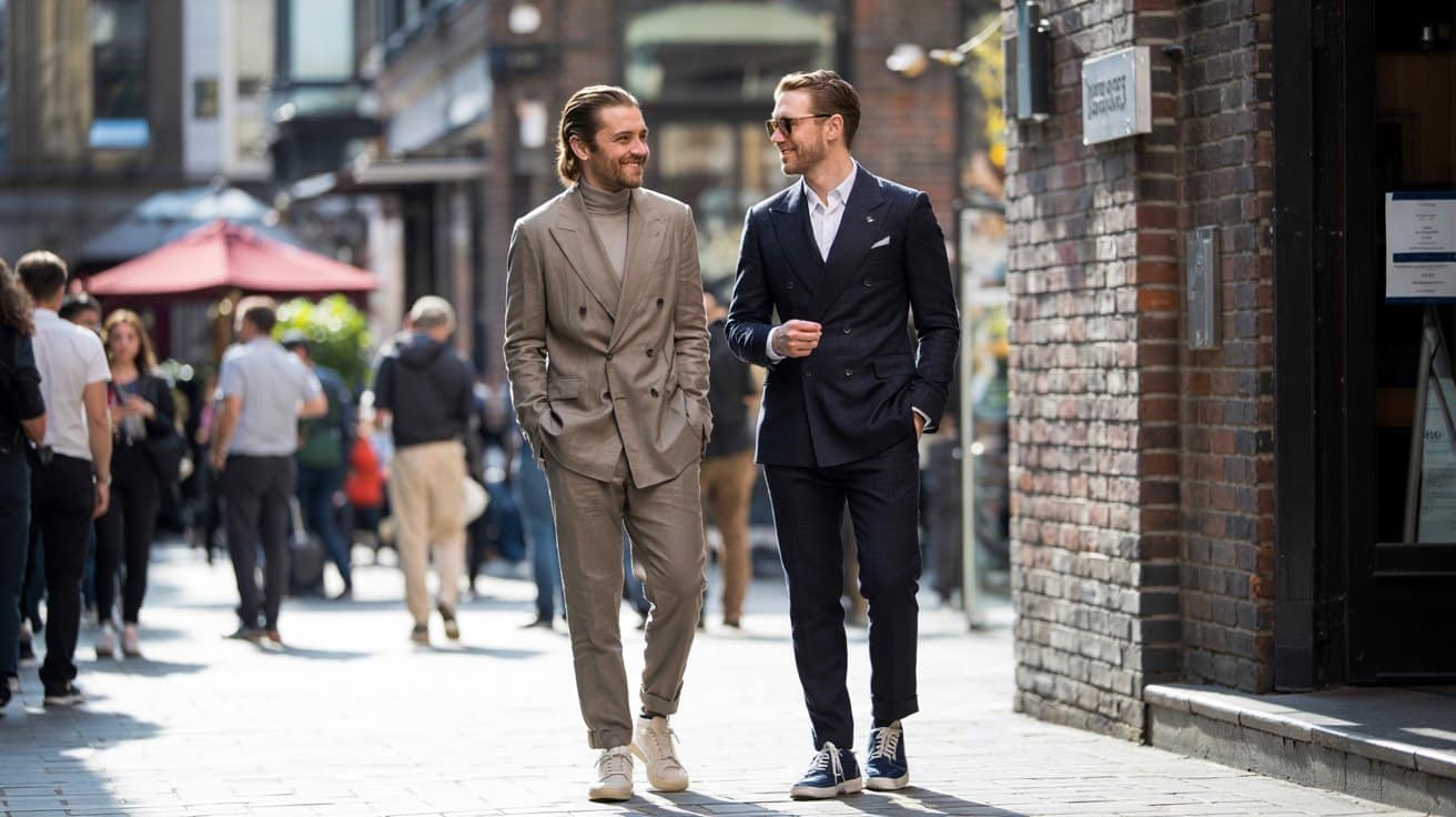 beige linen suit cream sneakers