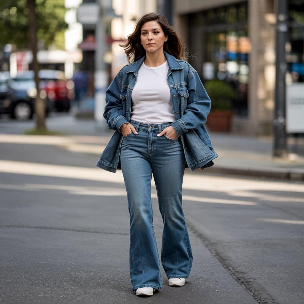 double denim flare jeans outfit