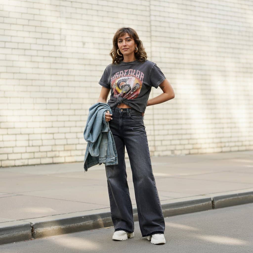 graphic tee flare jeans outfit