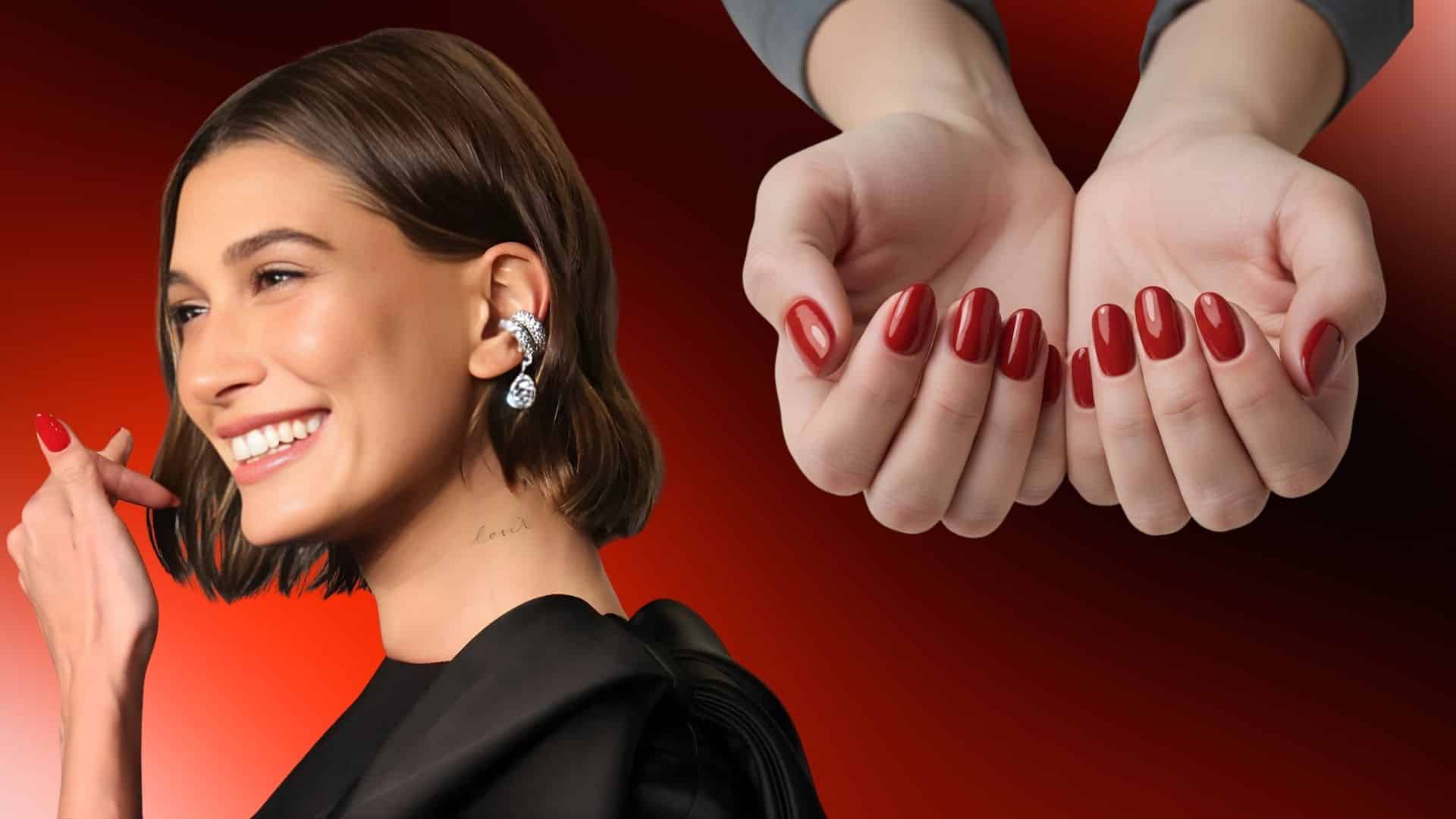 hailey bieber fiery red cherry ombre nails