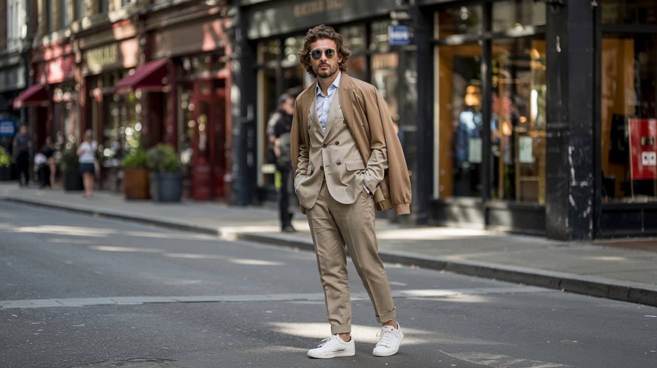 layered suit sneakers outfit