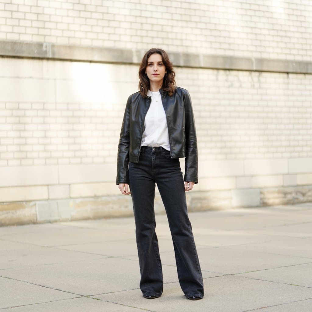 leather jacket flare jeans outfit