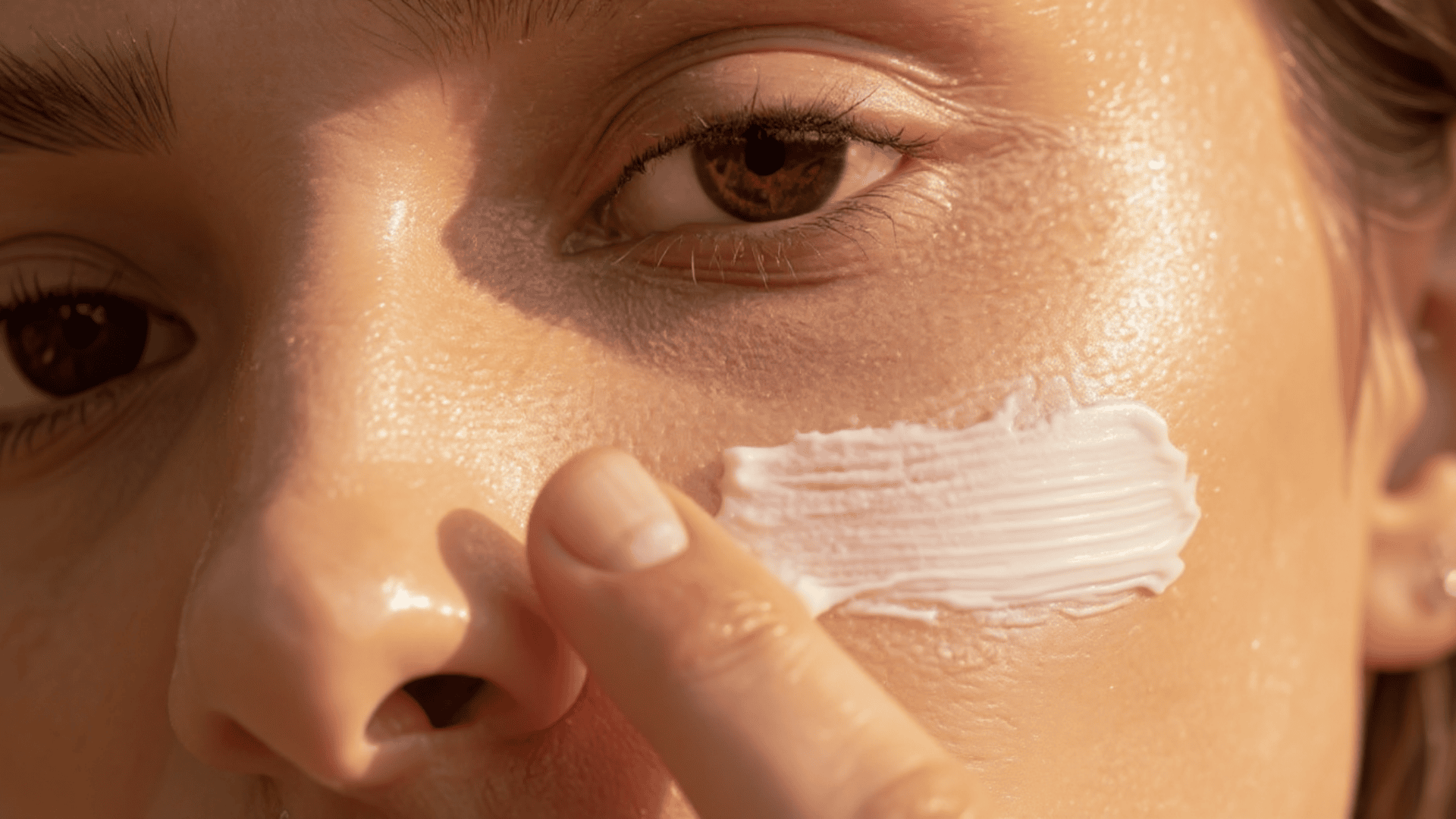 Close-up of a woman applying skincare cream to her cheek under the eye area as part of a facial routine