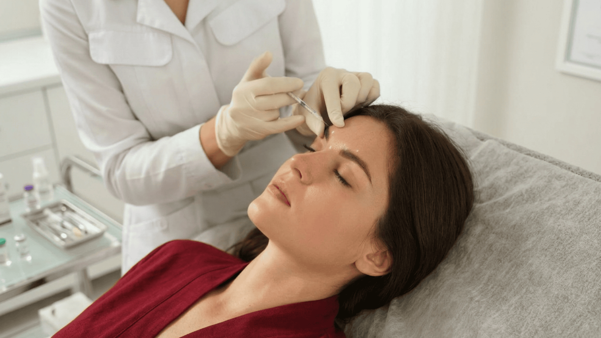 Cosmetic professional injecting treatment into a woman’s forehead while she lies on a clinic bed