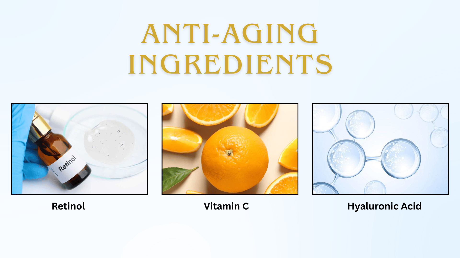 Infographic showing anti-aging ingredients including retinol, vitamin C, and hyaluronic acid with visual examples of each ingredient