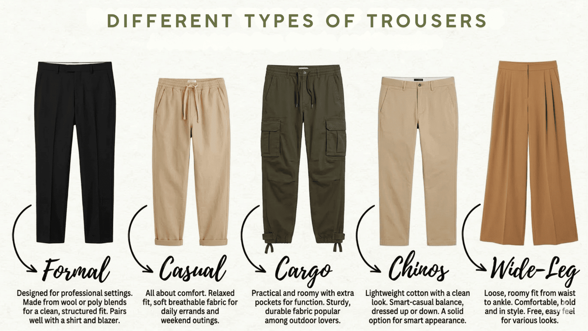 Infographic showing different types of trousers including formal, casual, cargo, chinos, and wide-leg styles with example pants