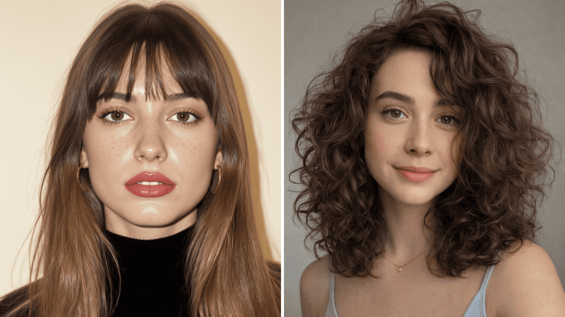 Side-by-side portrait comparison of two women with different hairstyles, one with straight hair and bangs and the other with short curly hair.