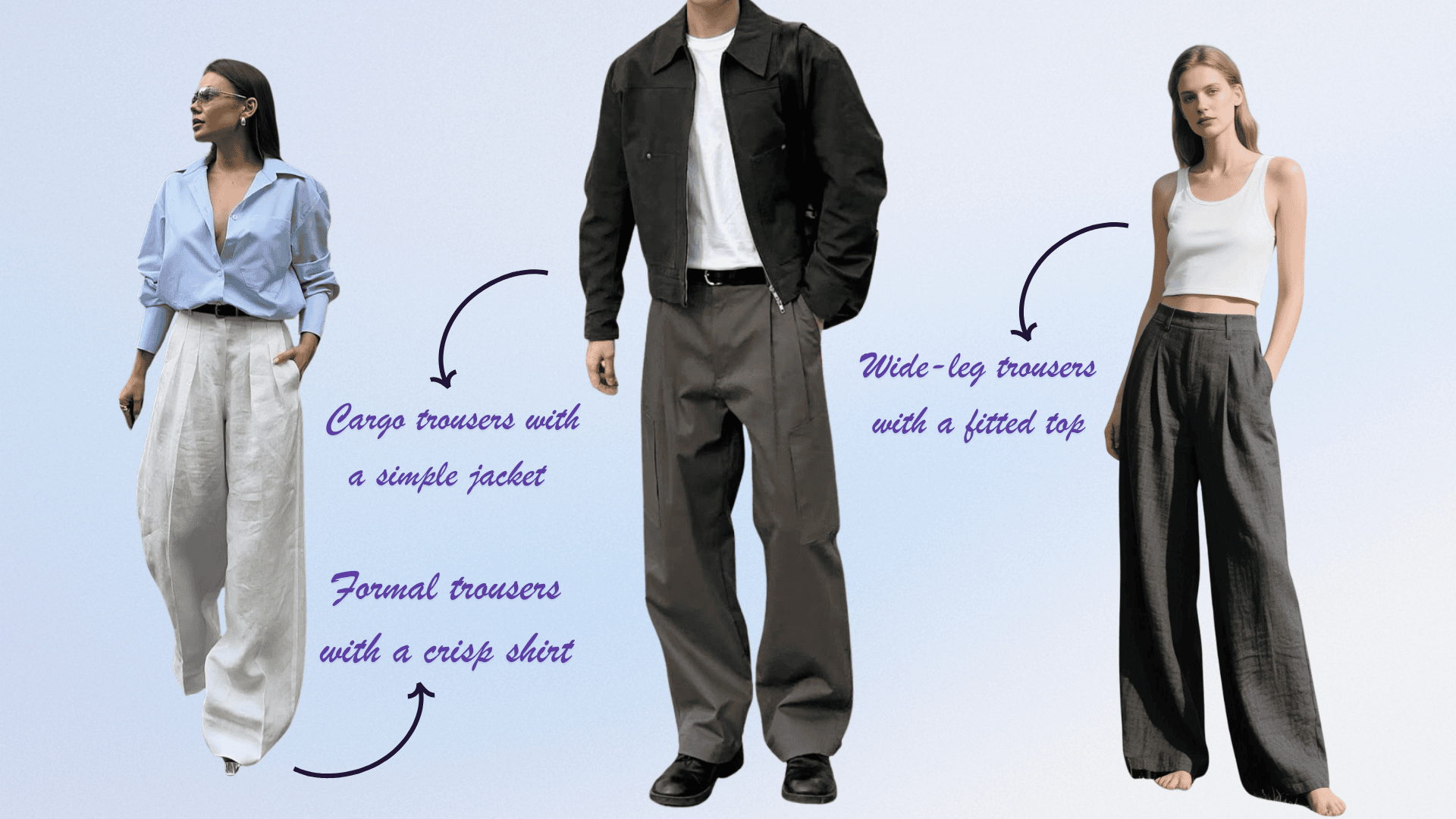 Three outfit ideas showing trousers styling formal trousers with a crisp shirt, cargo trousers with a simple jacket, and wide-leg trousers