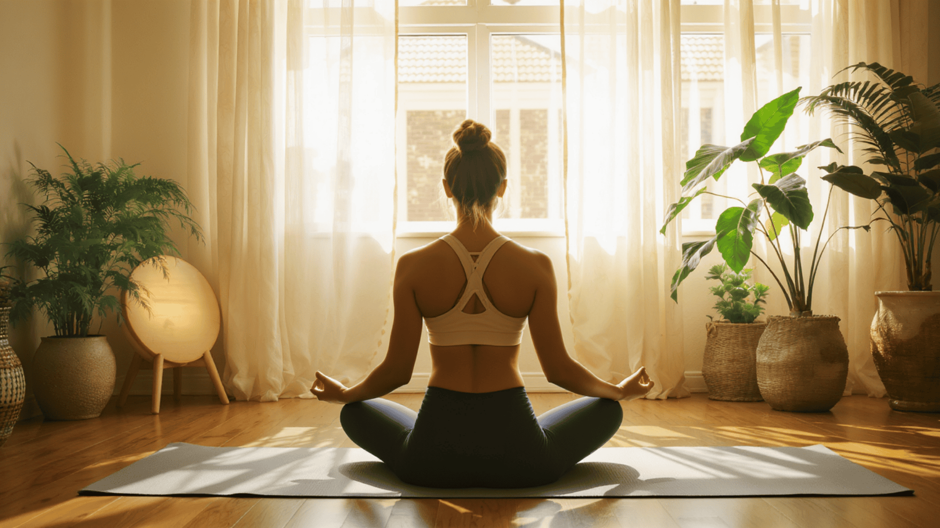 Woman meditating in a yoga pose on a mat indoors with sunlight coming through a window and plants around the room