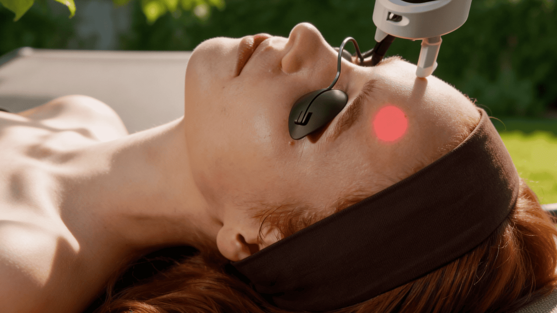 Woman receiving a laser facial treatment while wearing protective eye shields