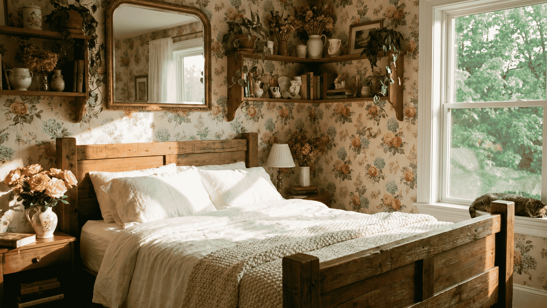 A charming and sun-drenched French country bedroom, in soft afternoon light coming through a large window