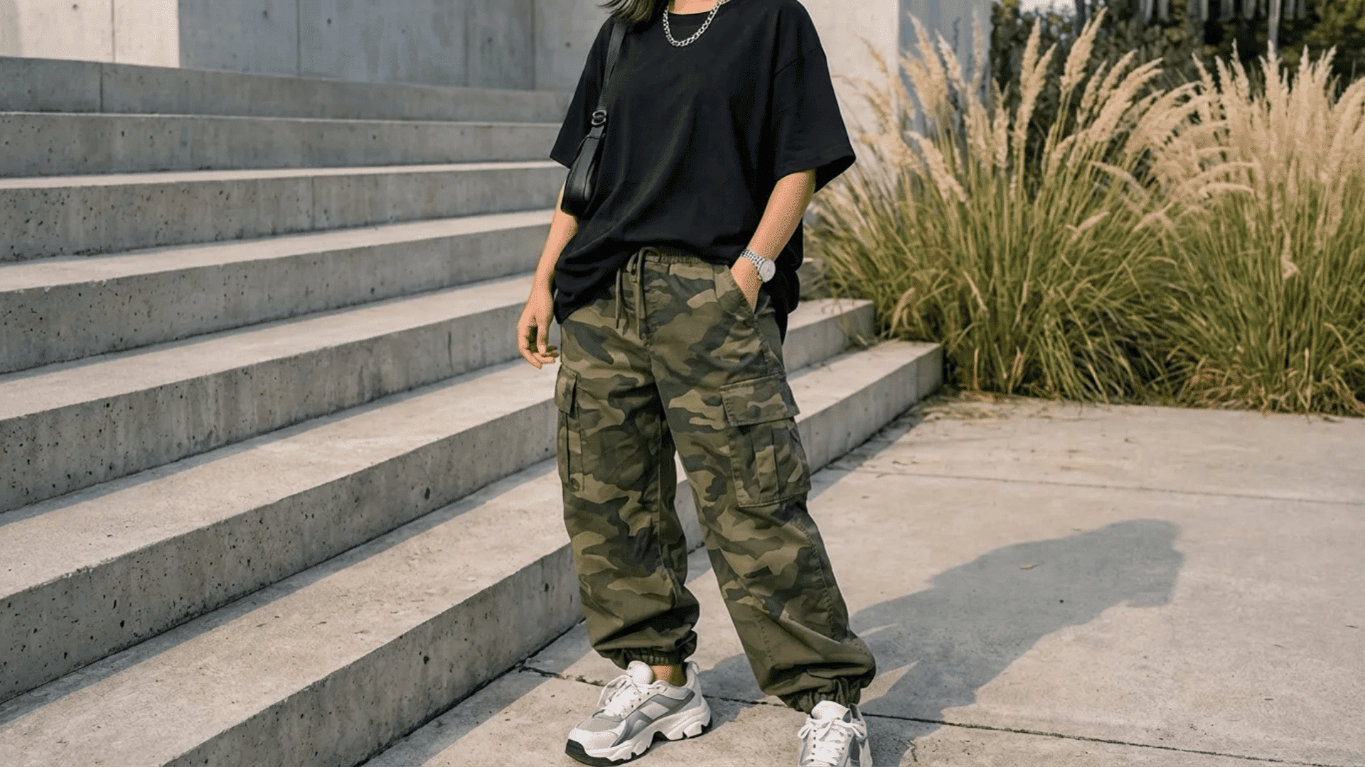 Black t-shirt with camo cargo pants and white sneakers, showing a casual 3 color rule outfit with neutral and earthy tones