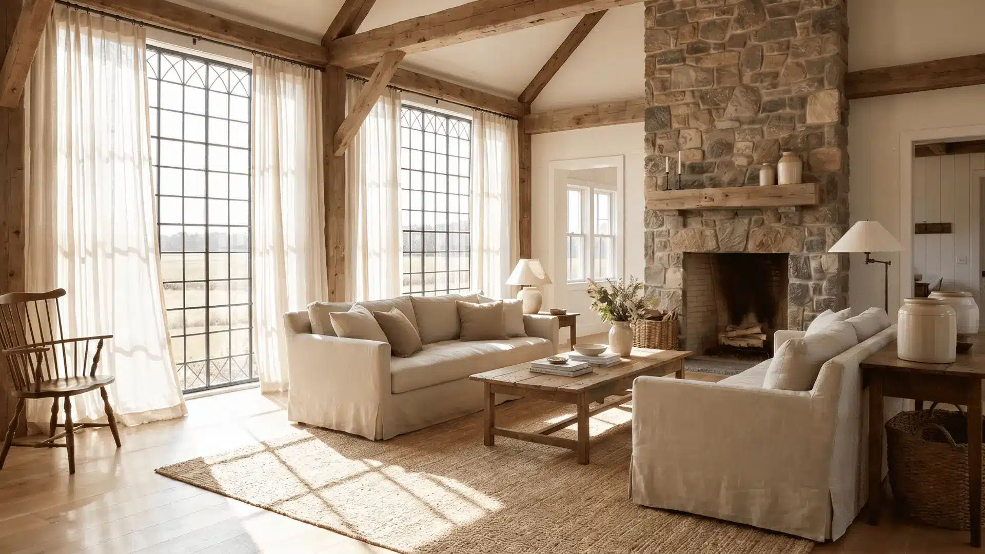 Bright farmhouse living room with exposed wooden beams, stone fireplace, neutral sofas, and large windows with sheer curtains