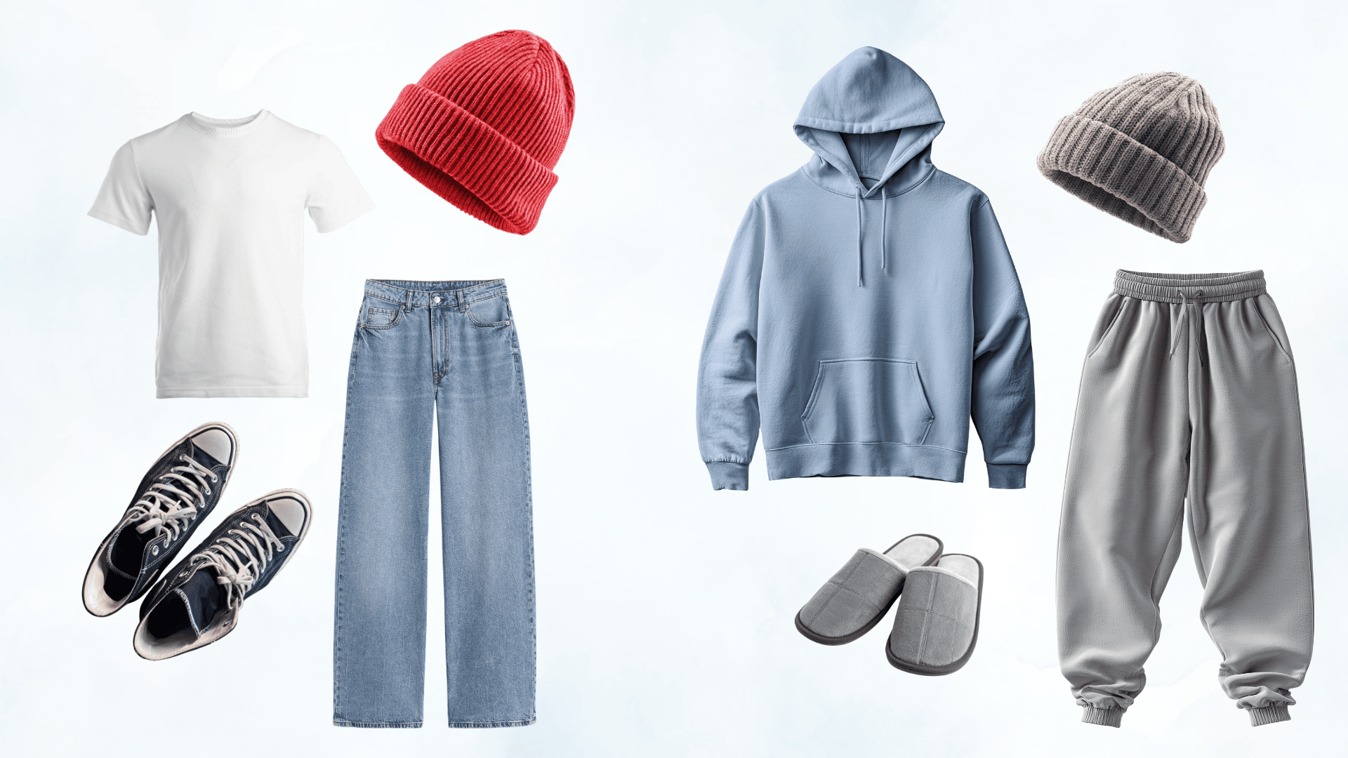 Casual outfit with beanie options, including red and gray beanie, hoodie, joggers, jeans, t-shirt, and sneakers