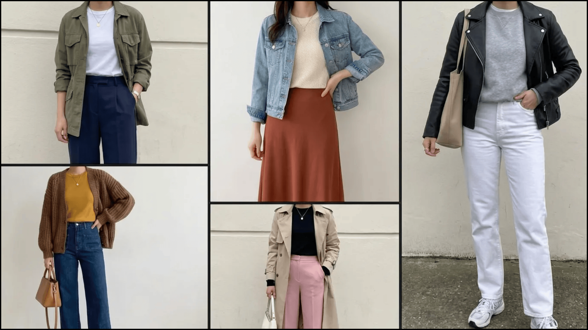 Collage of neutral outfits using the 3 color rule with combinations of denim, beige, black, white, and soft accent tones
