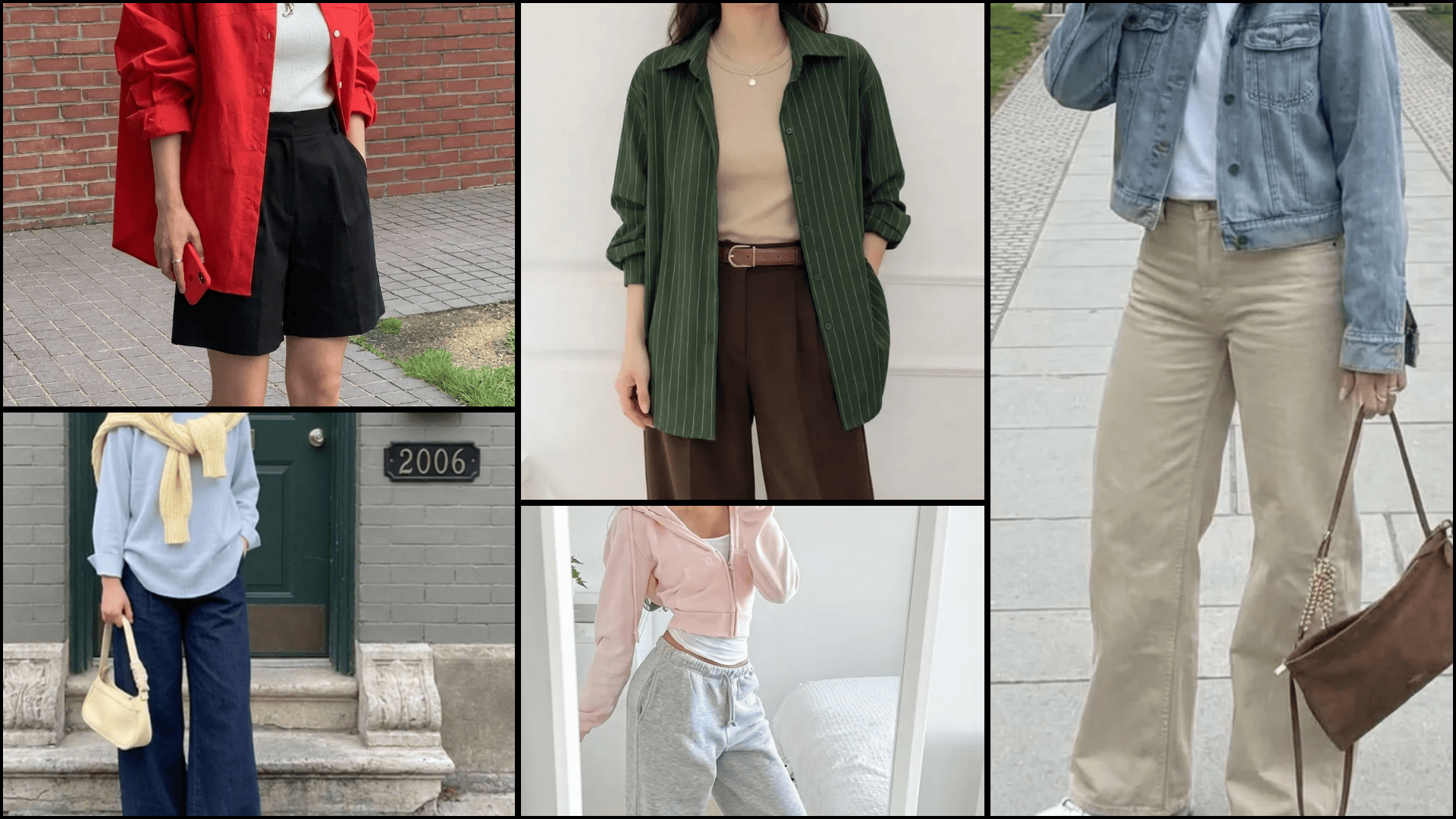 Collage of outfits using the 3 color rule, featuring red, green, denim, and neutral combinations in casual everyday styles