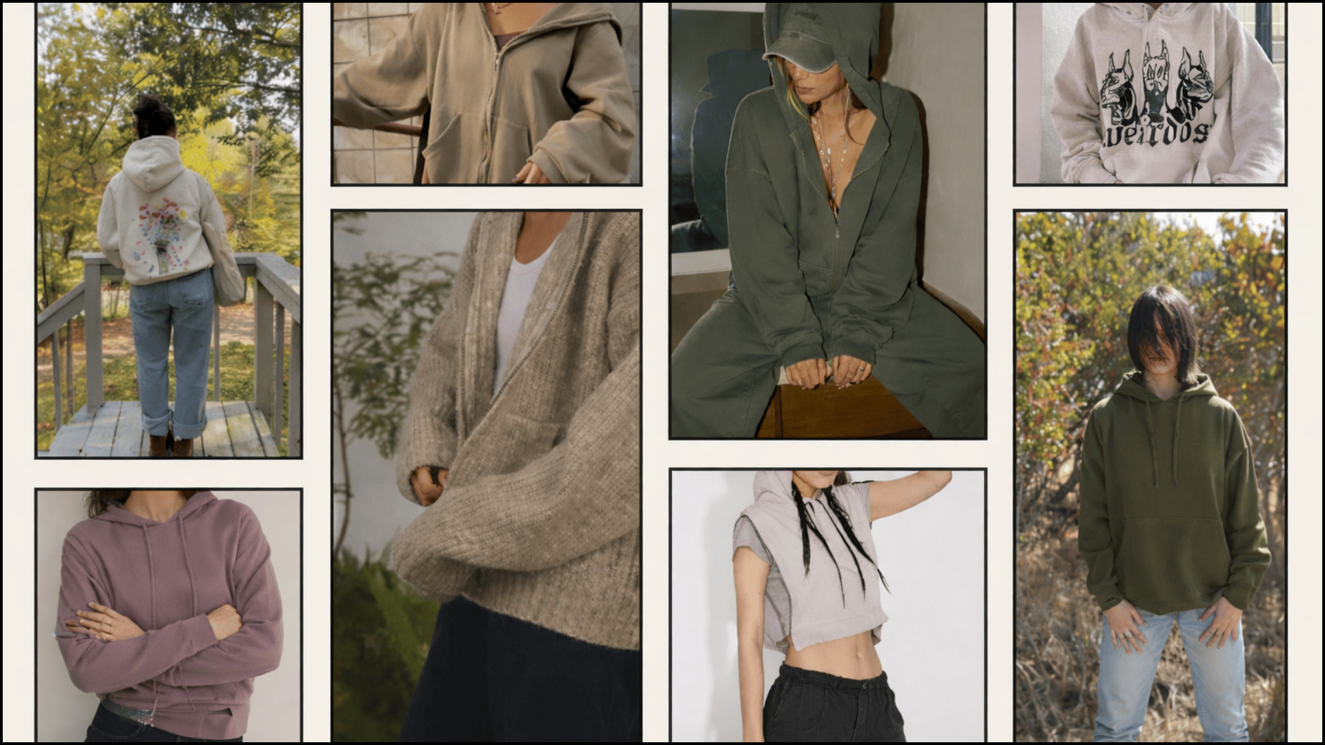 Collage of people wearing hoodies in outdoor and casual settings, showing cozy fall outfits in neutral and earthy tones (3)