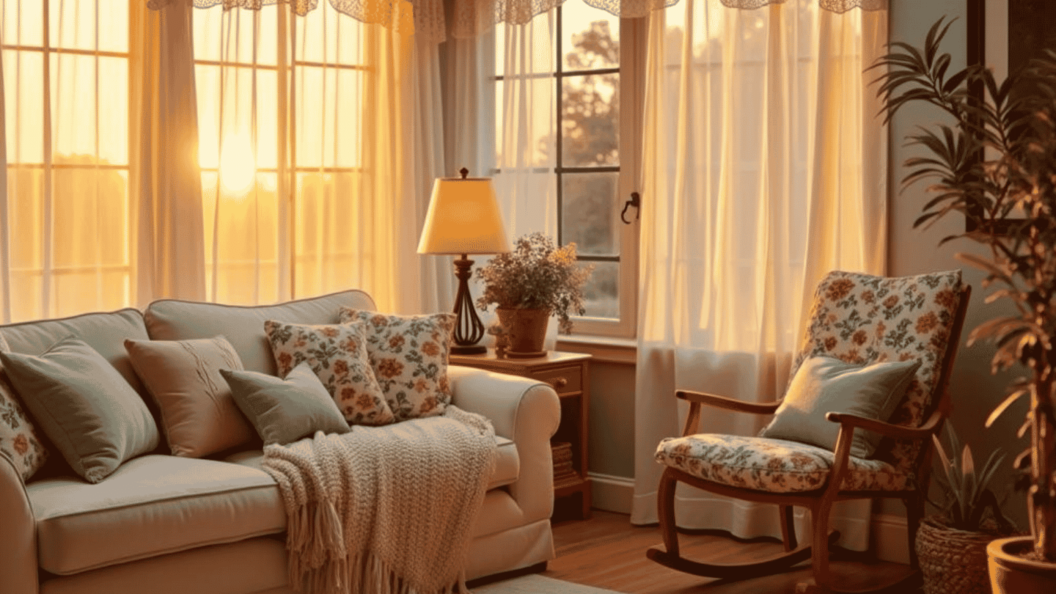 Cottagecore House Interior Decor cozy sunlit living room with floral sofa, rocking chair and plants
