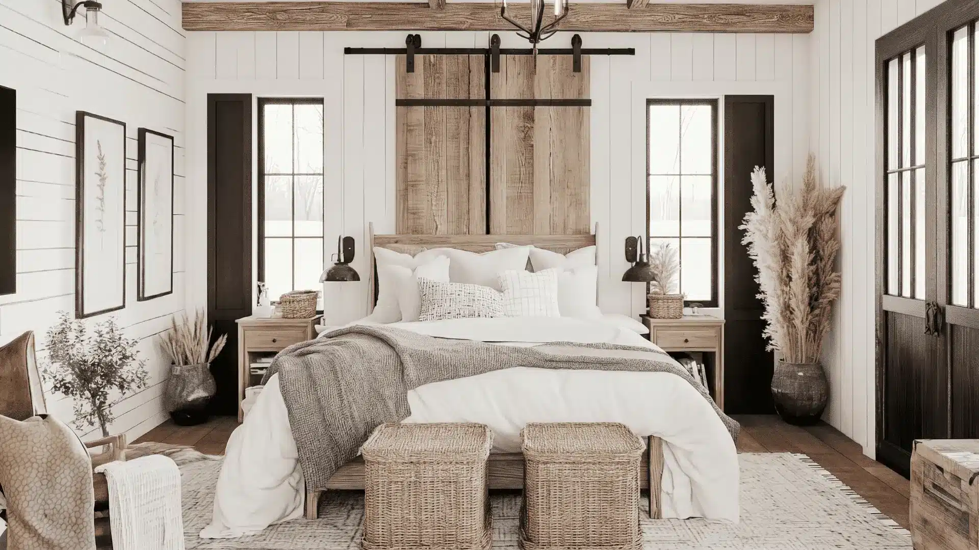 Cozy farmhouse bedroom with neutral bedding and soft lighting