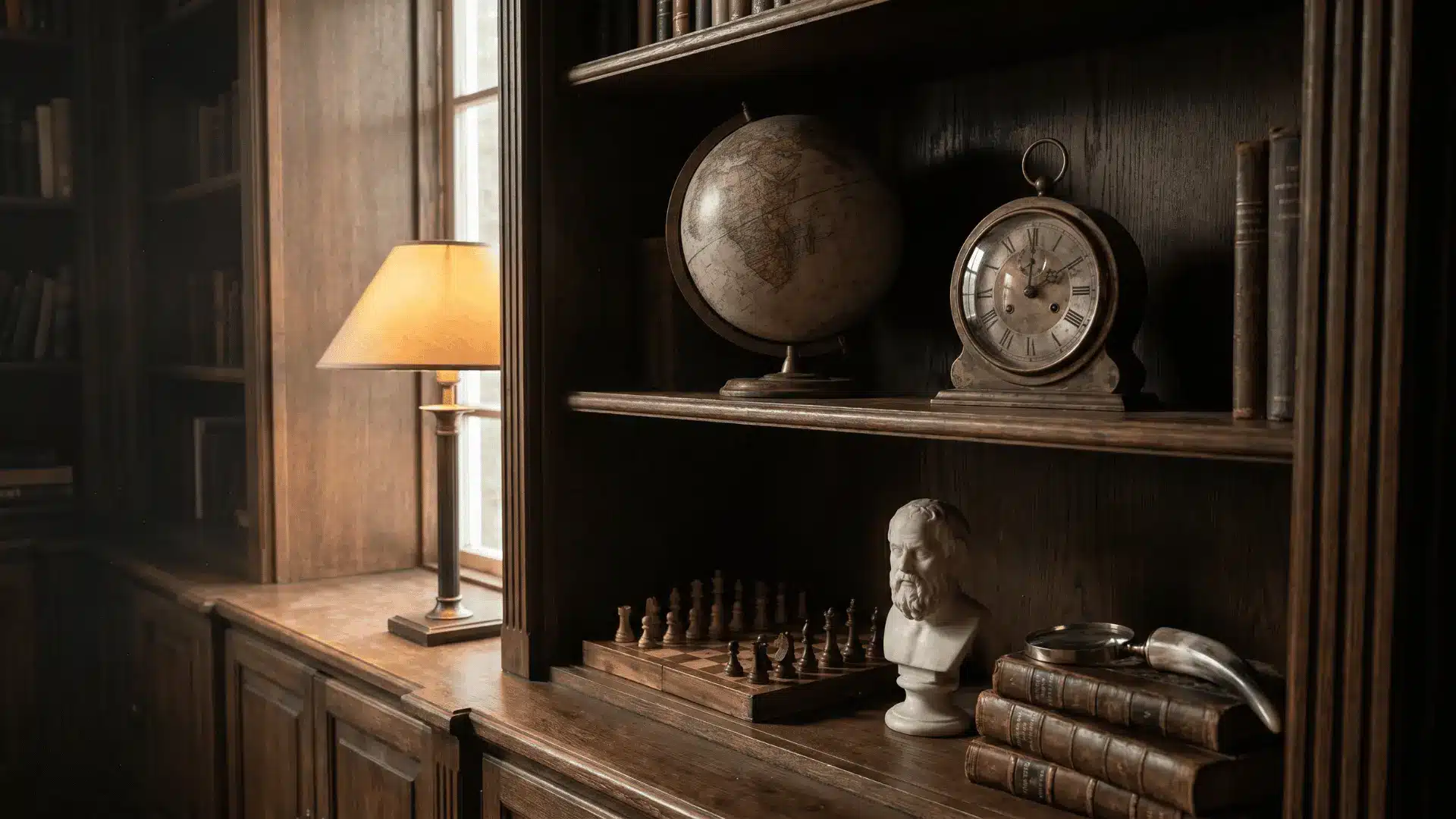Curated scholarly deฬcor including globe, bust, and vintage clock on dark academia shelves