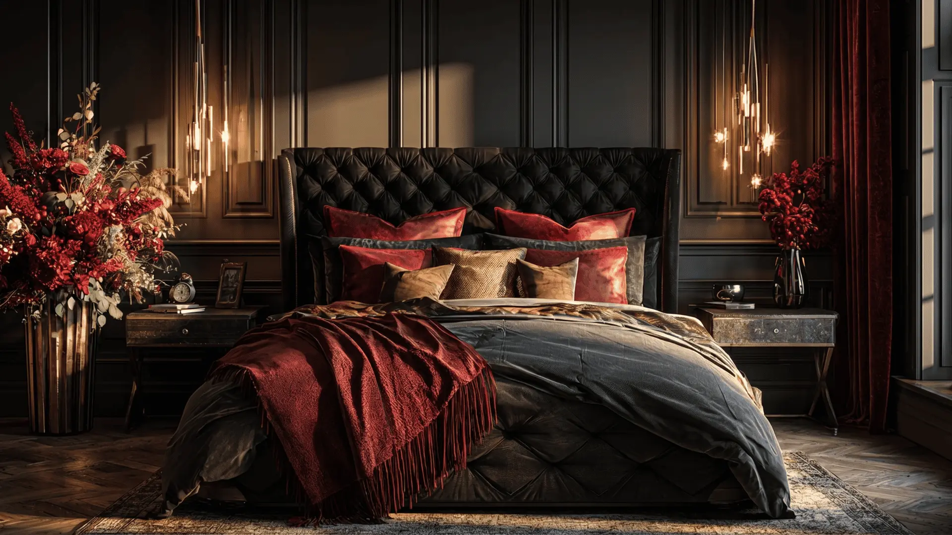 Dark academia bedroom with tufted black bed, rich red accents, warm lighting, paneled walls, and layered textures creating a cozy mood
