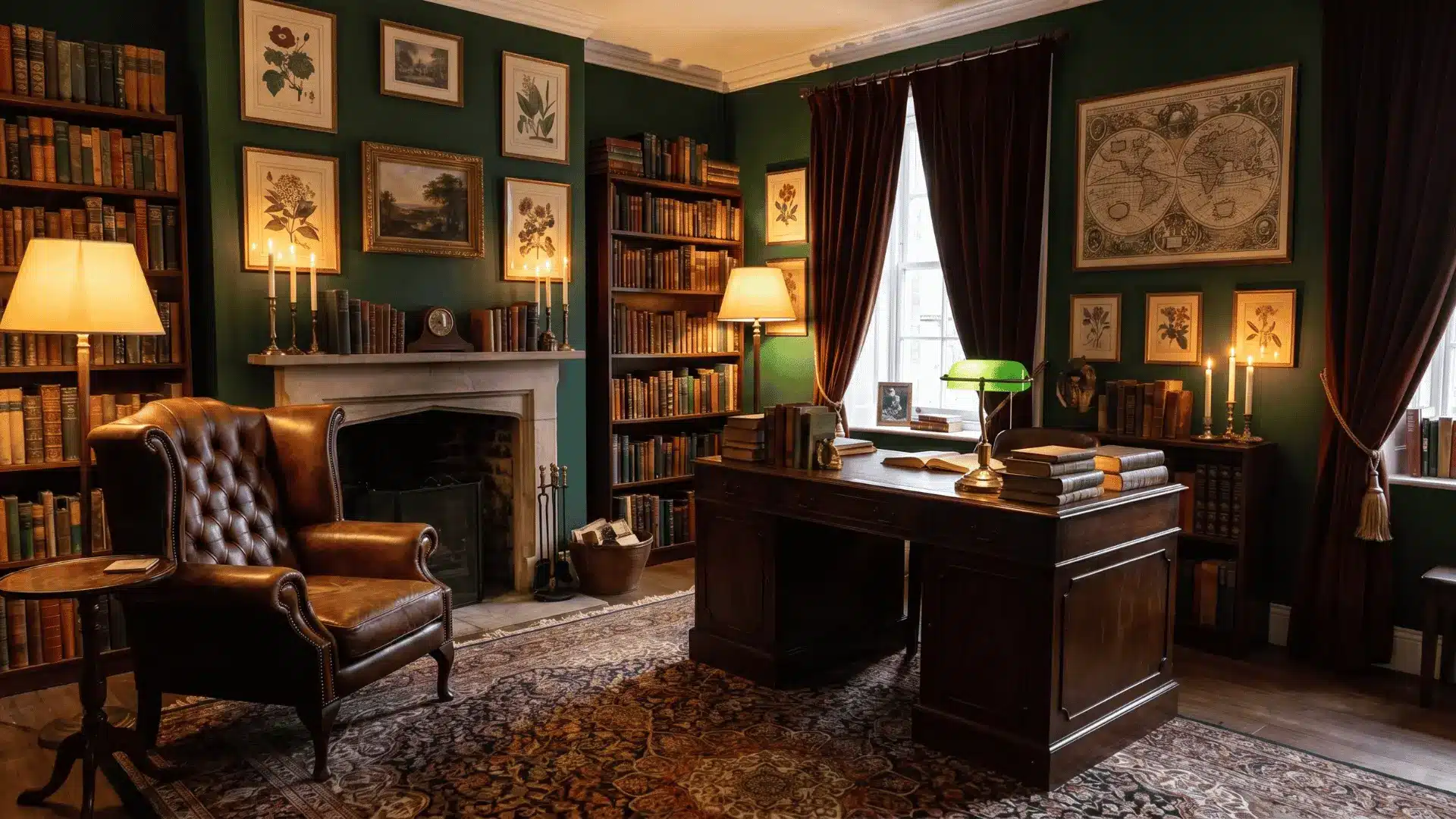 Dark academia interior with wood furniture, books, warm lighting, and rich textures creating a cozy and classic space