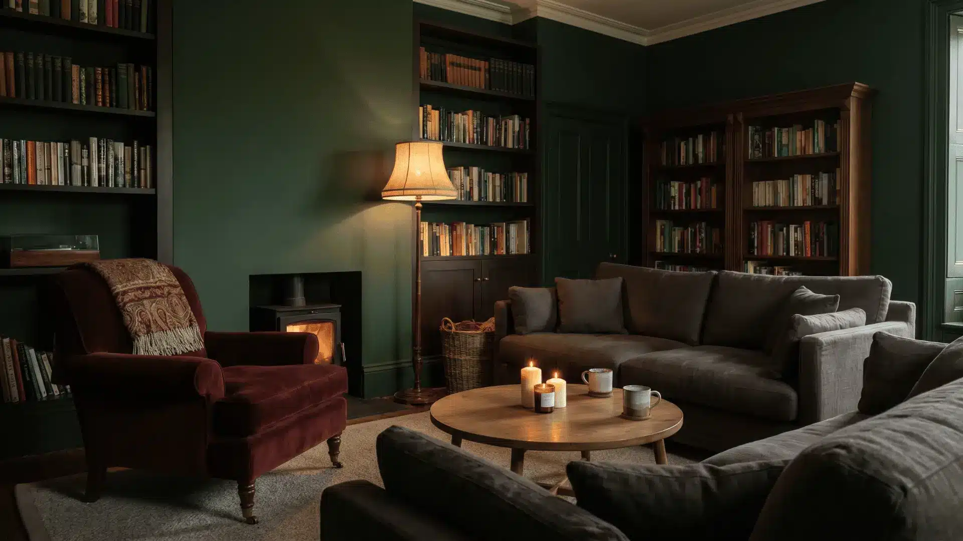 Dark academia living room with deep forest green walls and burgundy accents
