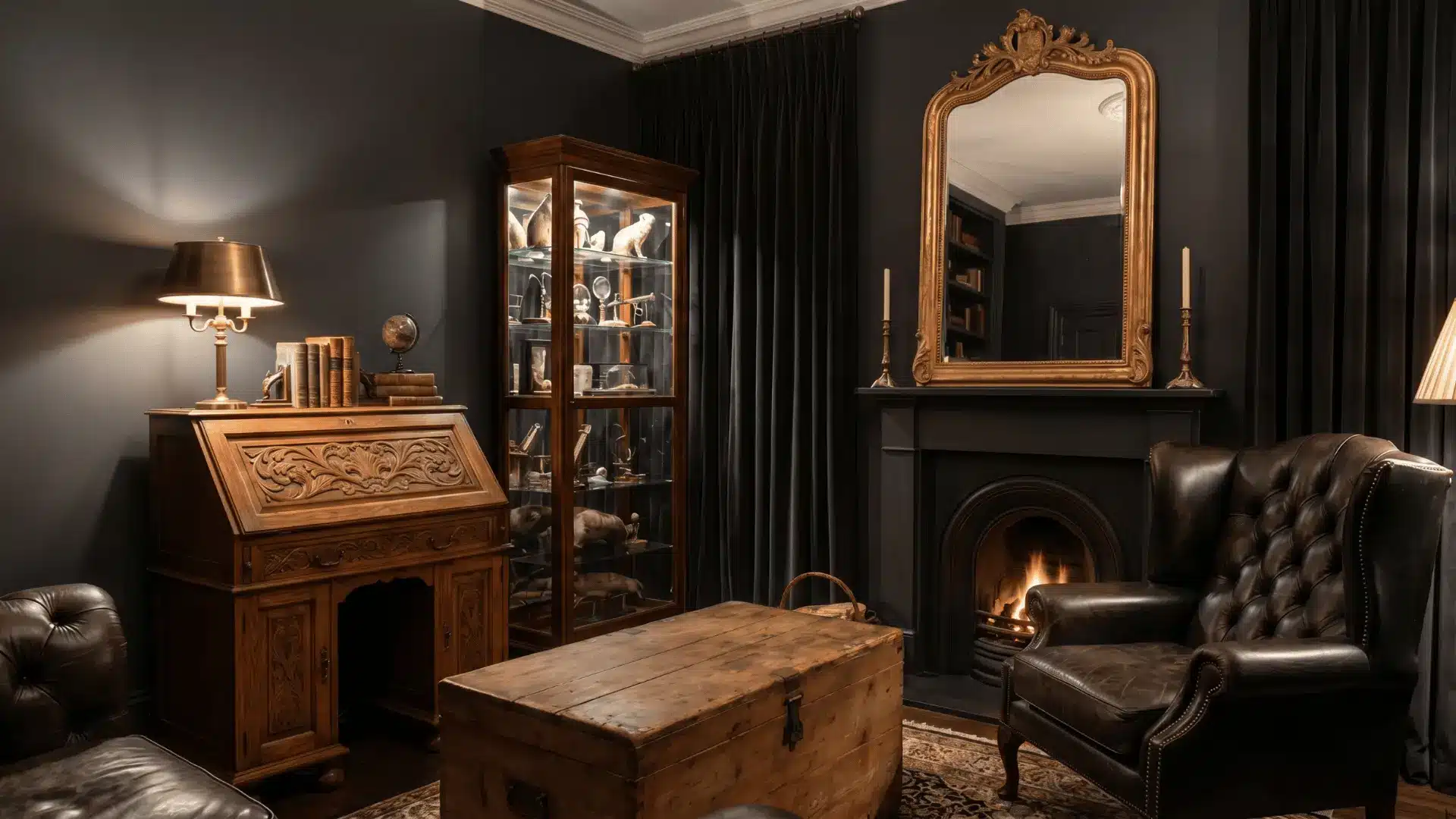 Dark academia room with antique furniture, tufted chair, ornate mirror, and vintage wooden pieces in warm lighting