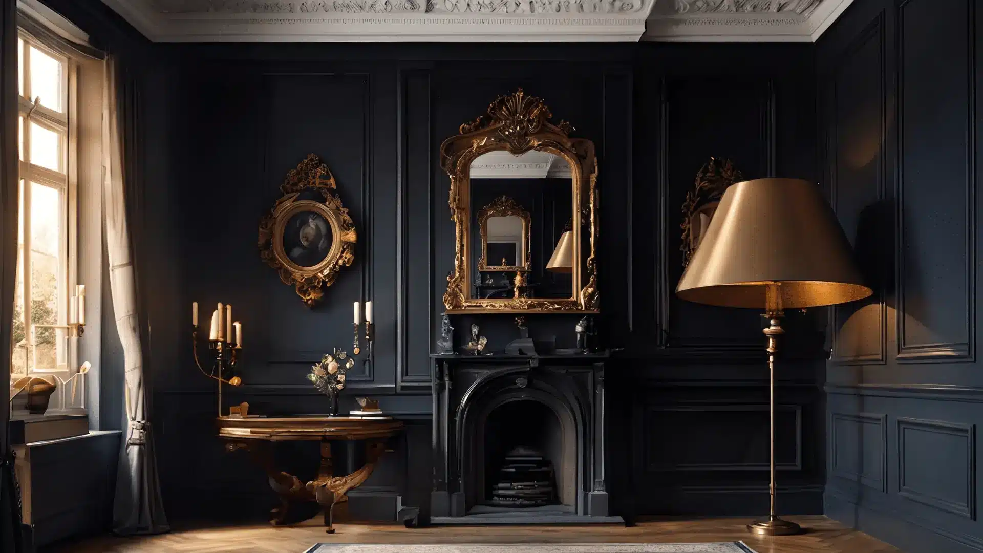 Dark academia room with ornate gold mirror, classic fireplace, vintage desk, candles, and warm lamp lighting against dark paneled walls