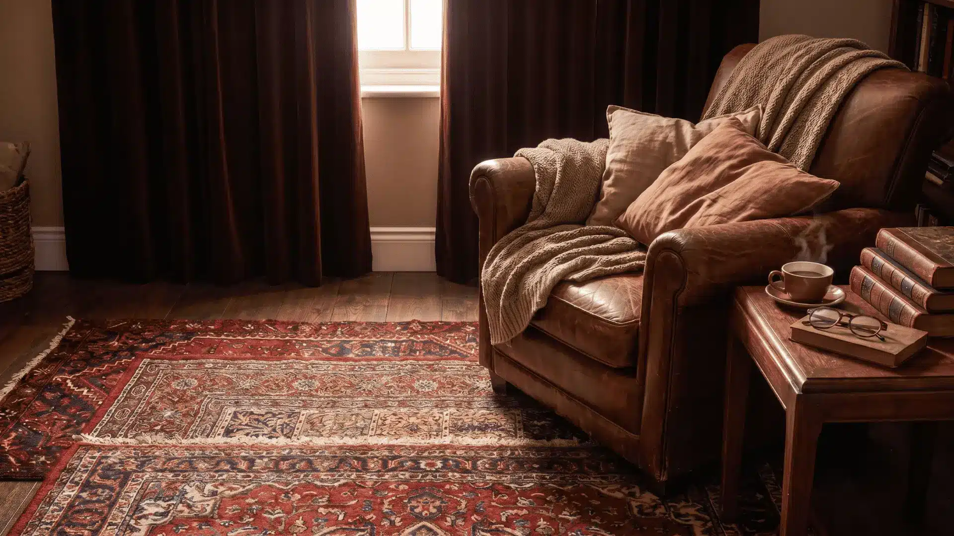 Dark academia room with velvet curtains, leather chair, layered rugs, and rich fabrics adding warmth and depth
