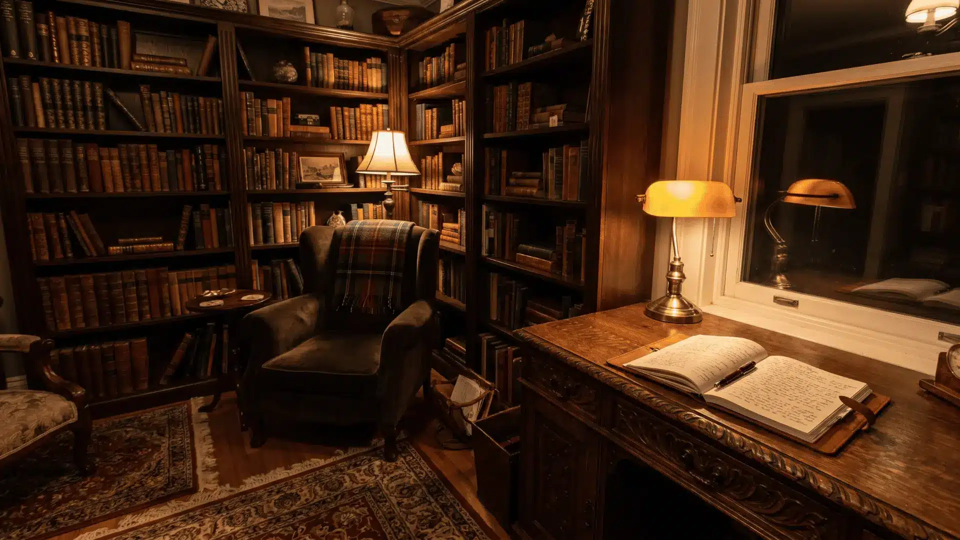 Dark academia study room with wood bookshelves, leather chair, antique desk, warm lamps, and vintage rugs.