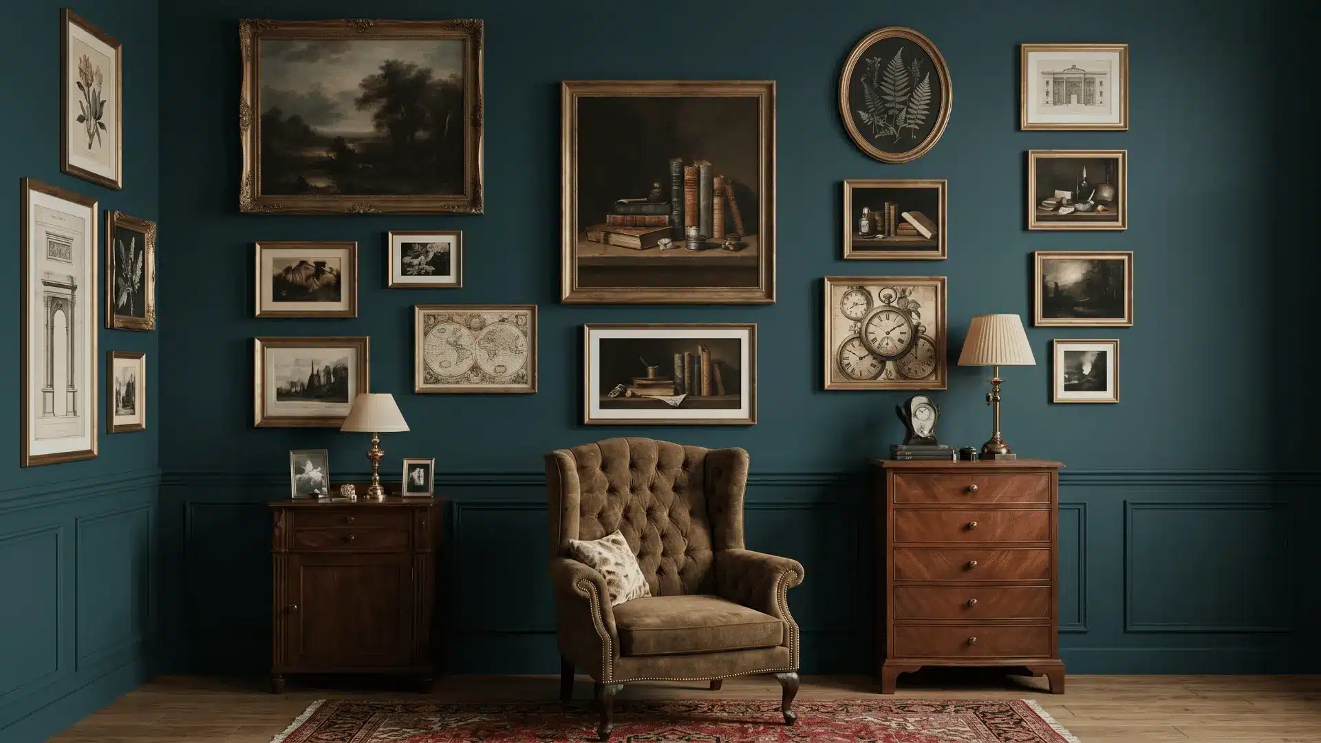 Dark academia wall with gallery art, vintage frames, armchair, wood furniture, and warm lighting creating a cozy reading corner