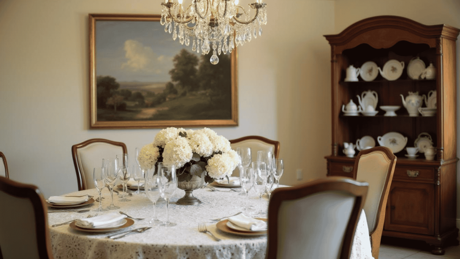 Elegant dining room with white flowers and a chandelier. Mix different furniture like wood chairs and a vintage hutch