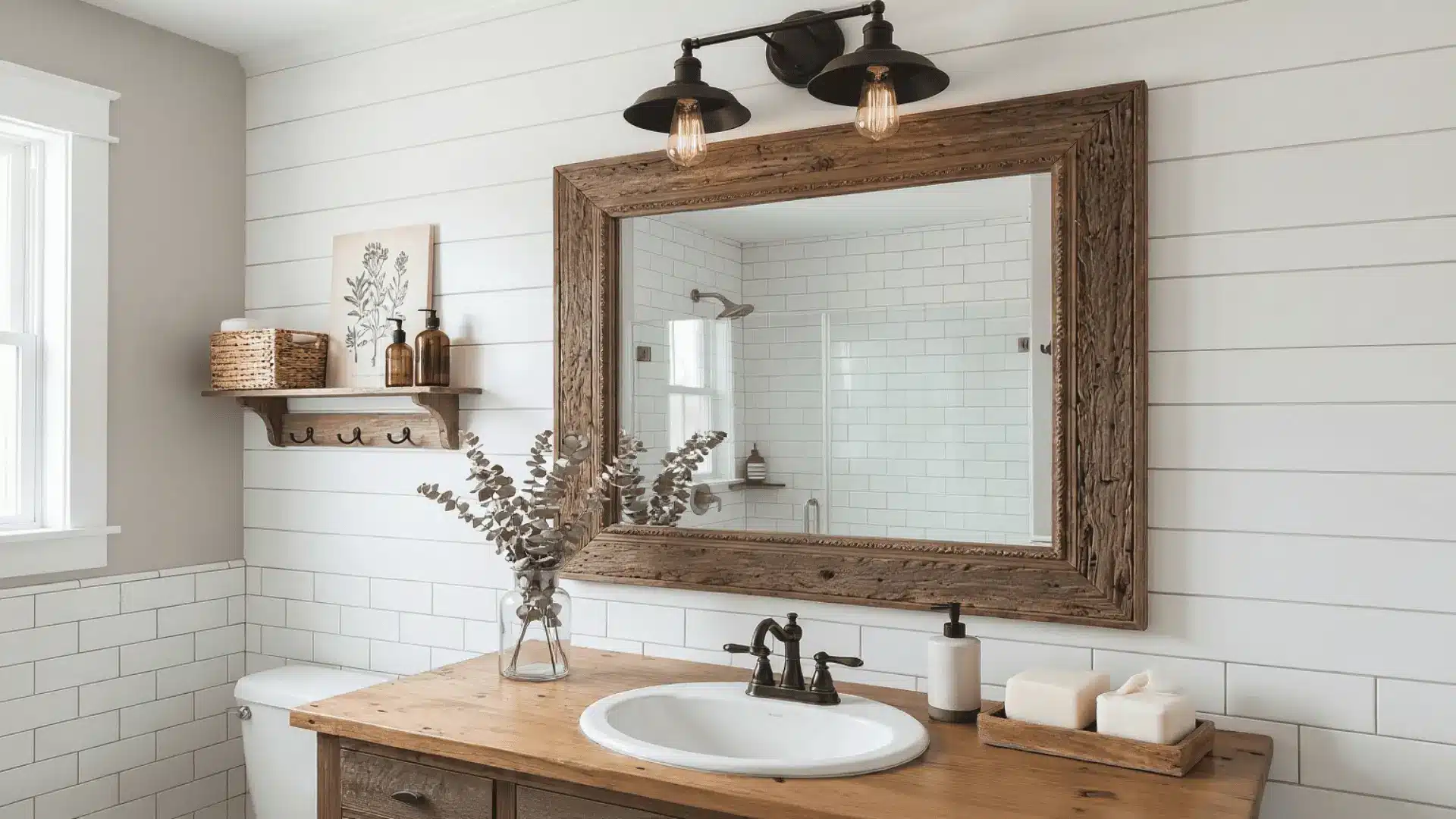 Farmhouse bathroom with wooden vanity, framed mirror, black light fixture, white tiles, and simple decor creating a clean and warm look