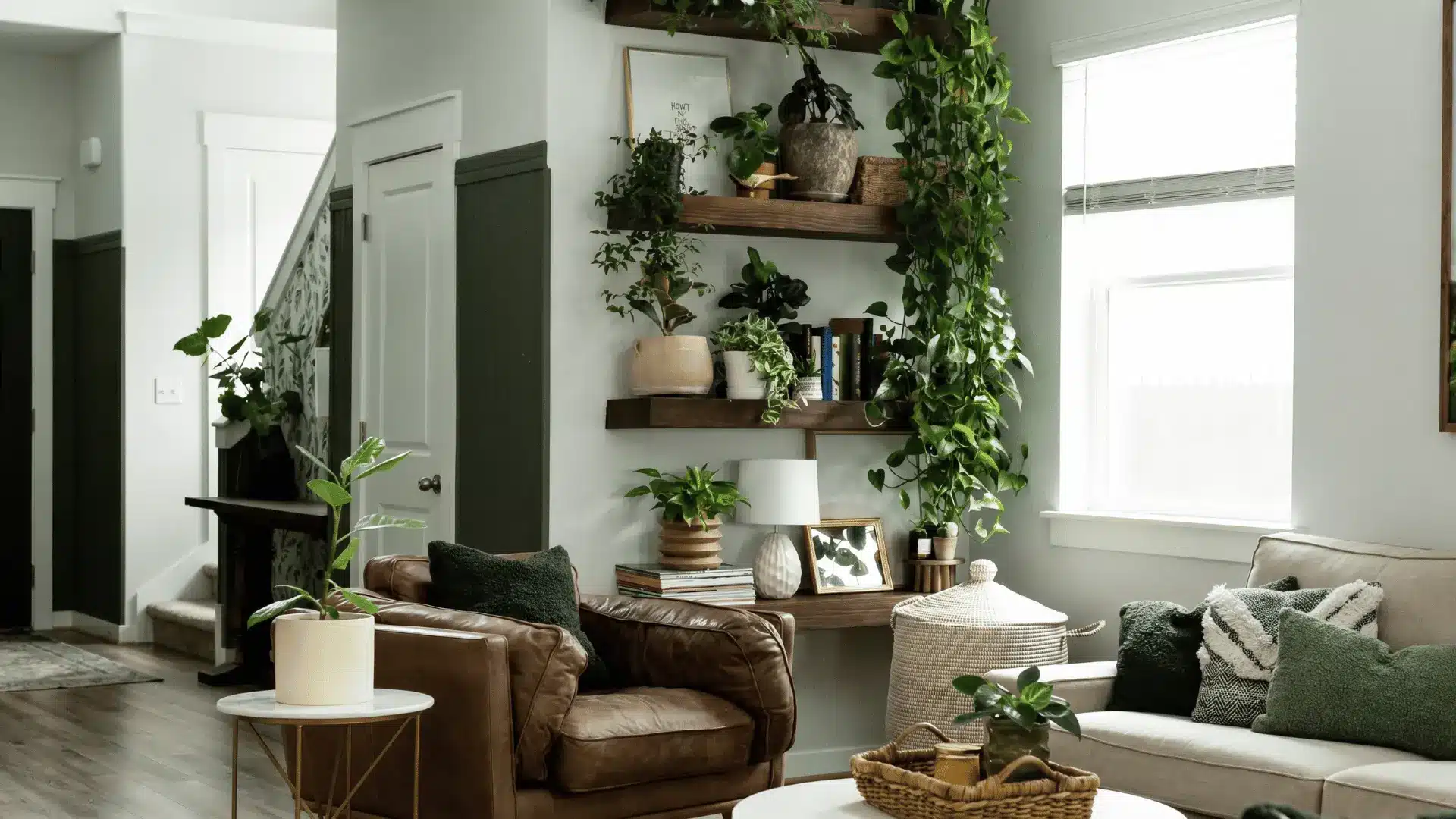 Farmhouse interior with indoor plants and natural decor elements