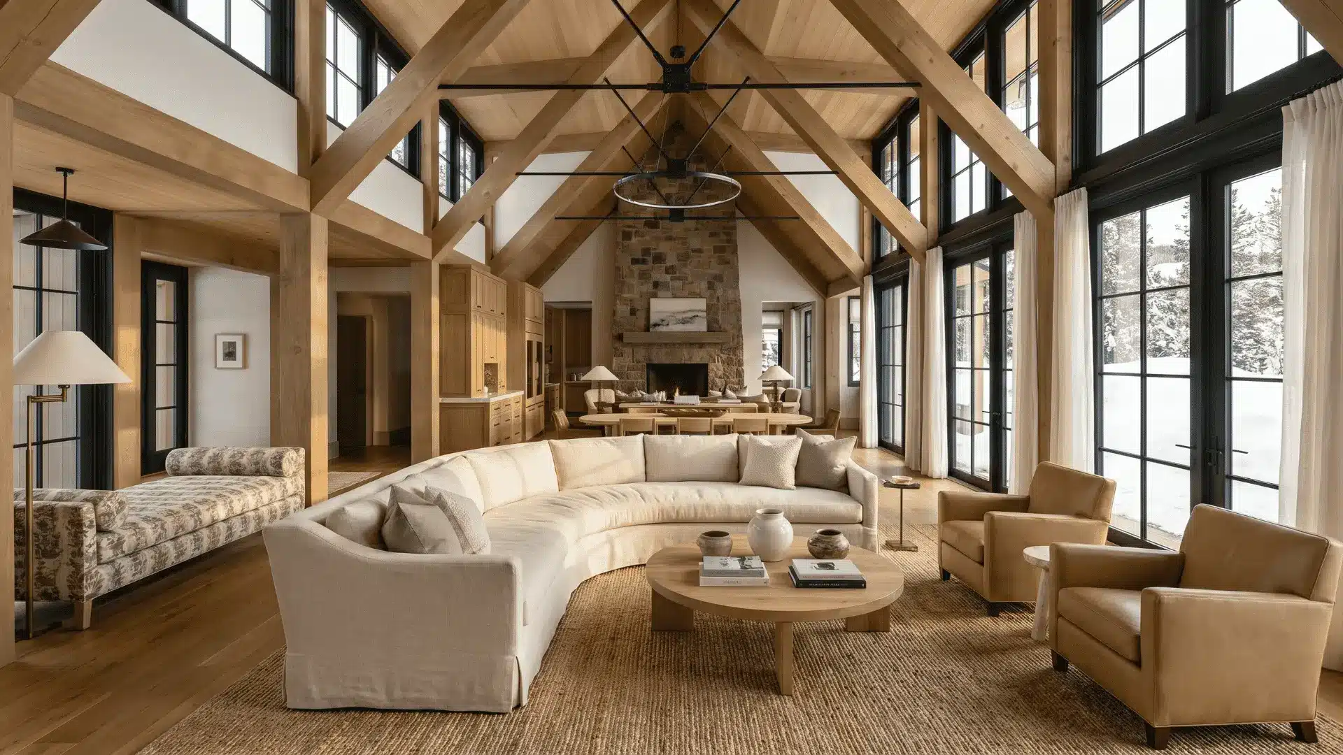 Farmhouse living room with exposed wooden beams and wooden furniture