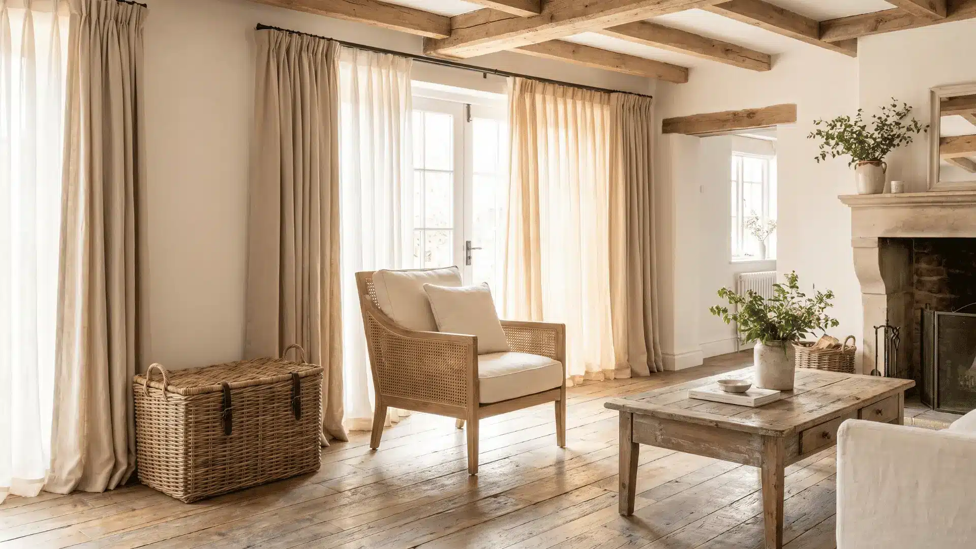 Farmhouse room with cane chair and natural textures