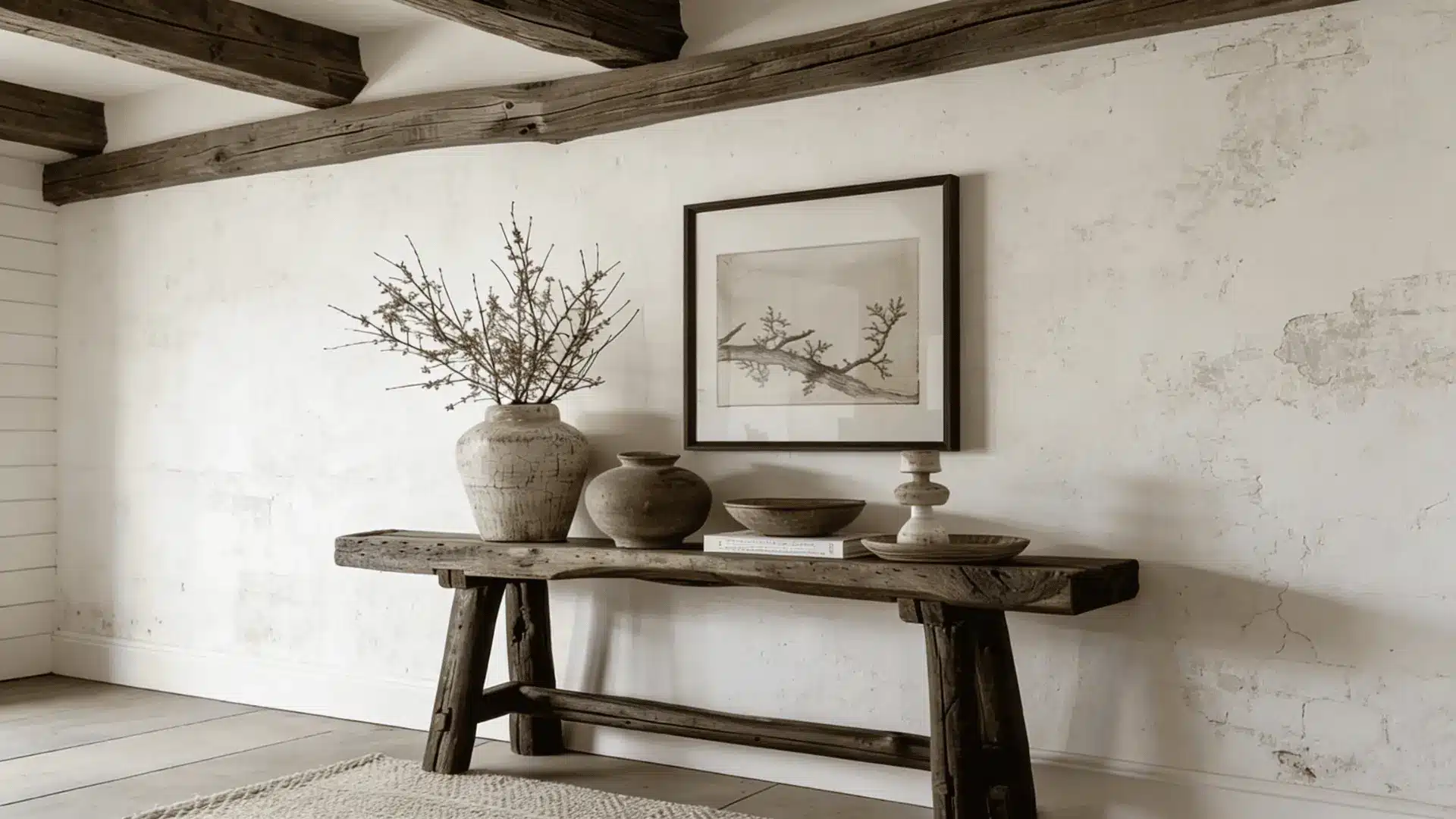 Farmhouse room with exposed brick wall and simple decor