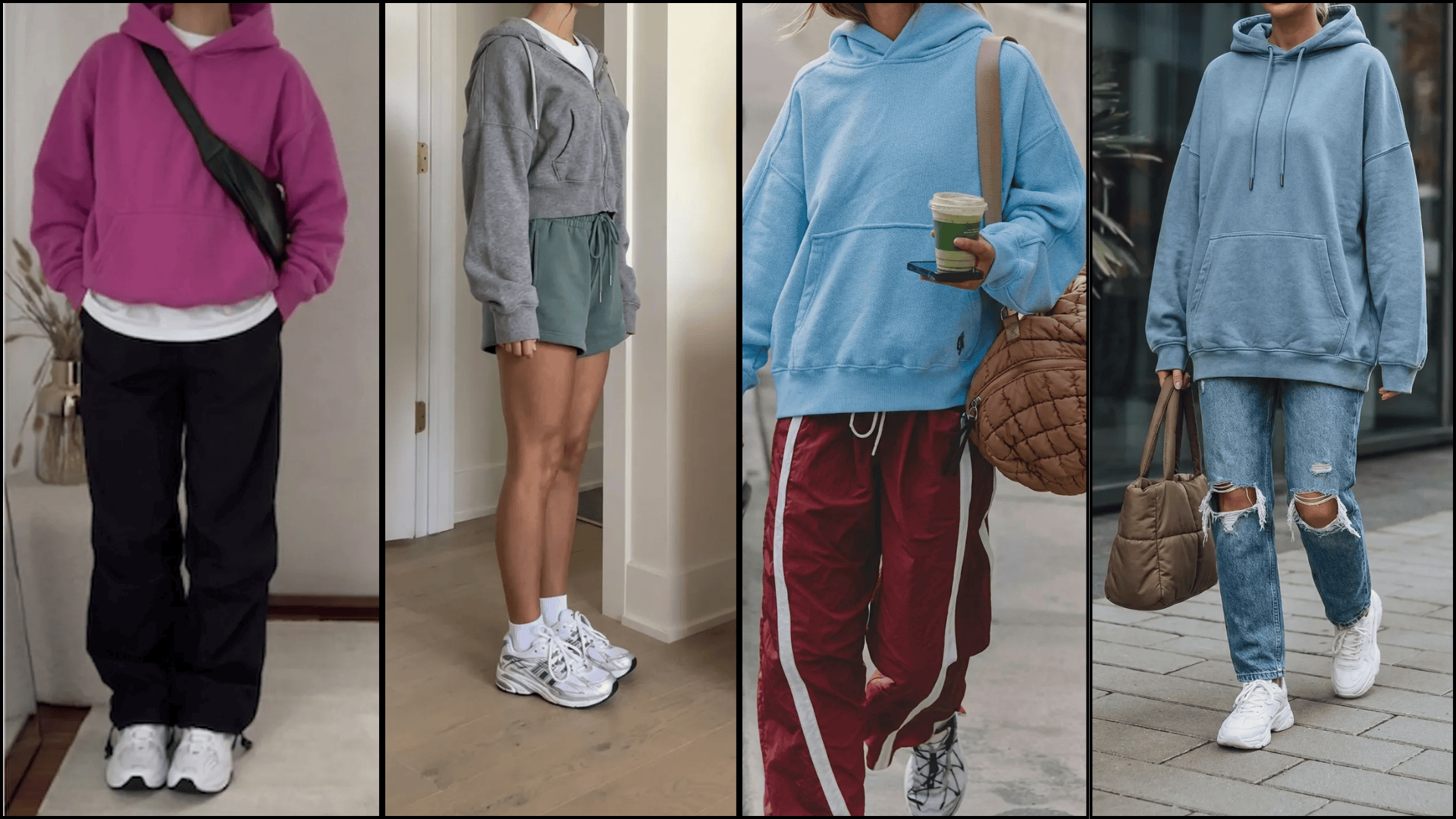 Four casual hoodie outfits oversized hoodie with pants, hoodie with shorts, sporty hoodie with track pants, and relaxed hoodie with ripped jeans.