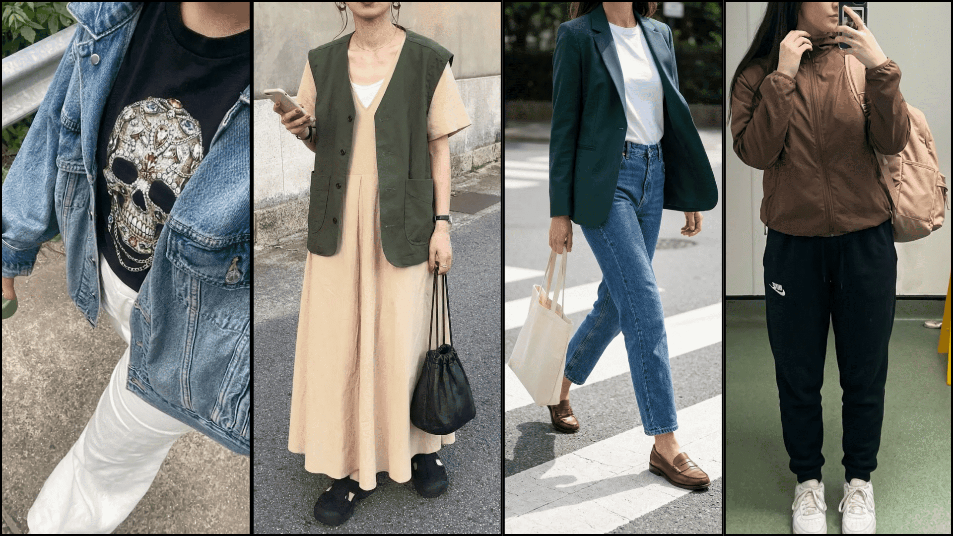 Four outfits with lightweight jackets denim casual, vest over dress, blazer with jeans, and sporty windbreaker with joggers.