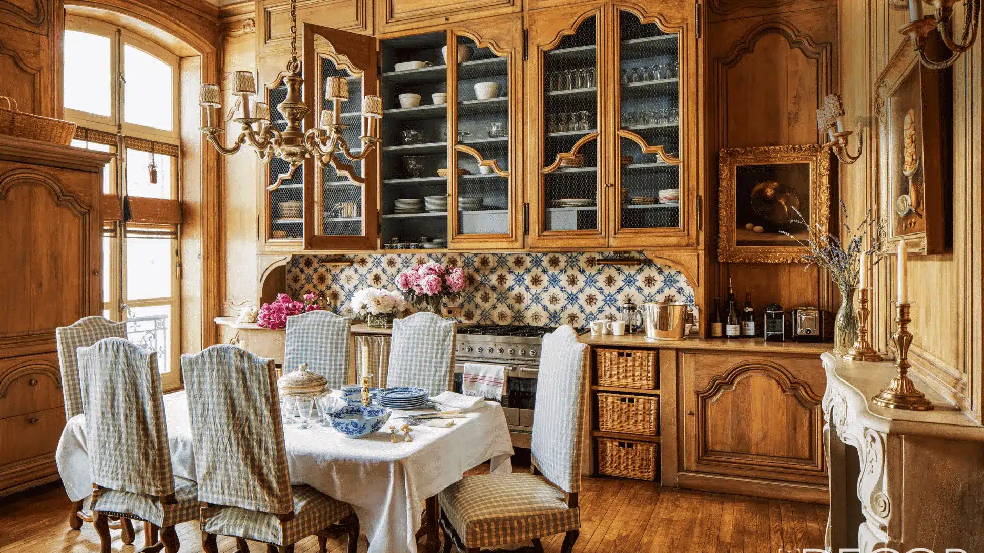 French country interior design living room with wooden furniture, soft colors, and cozy rustic decor