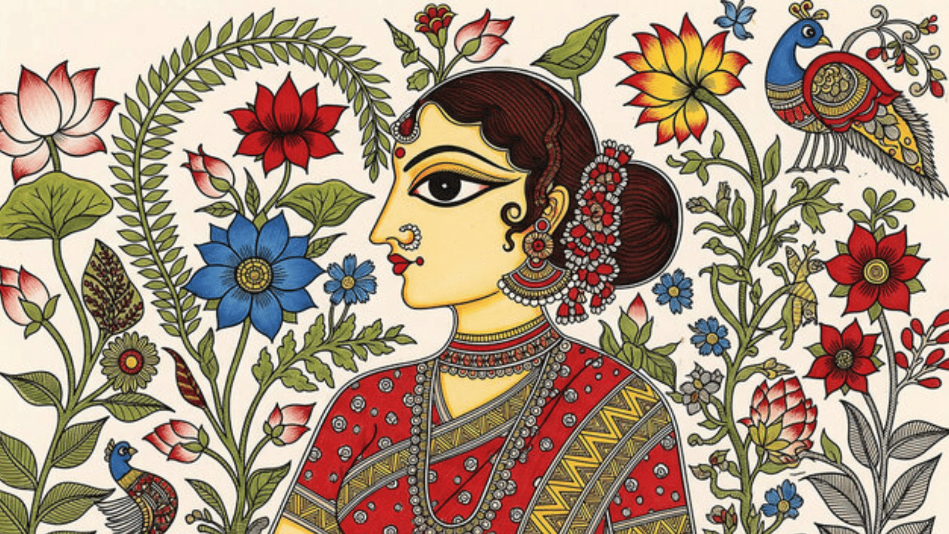 Indian Madhubani-style folk art illustration of a woman surrounded by detailed floral patterns, birds, and intricate line work in vibrant colors