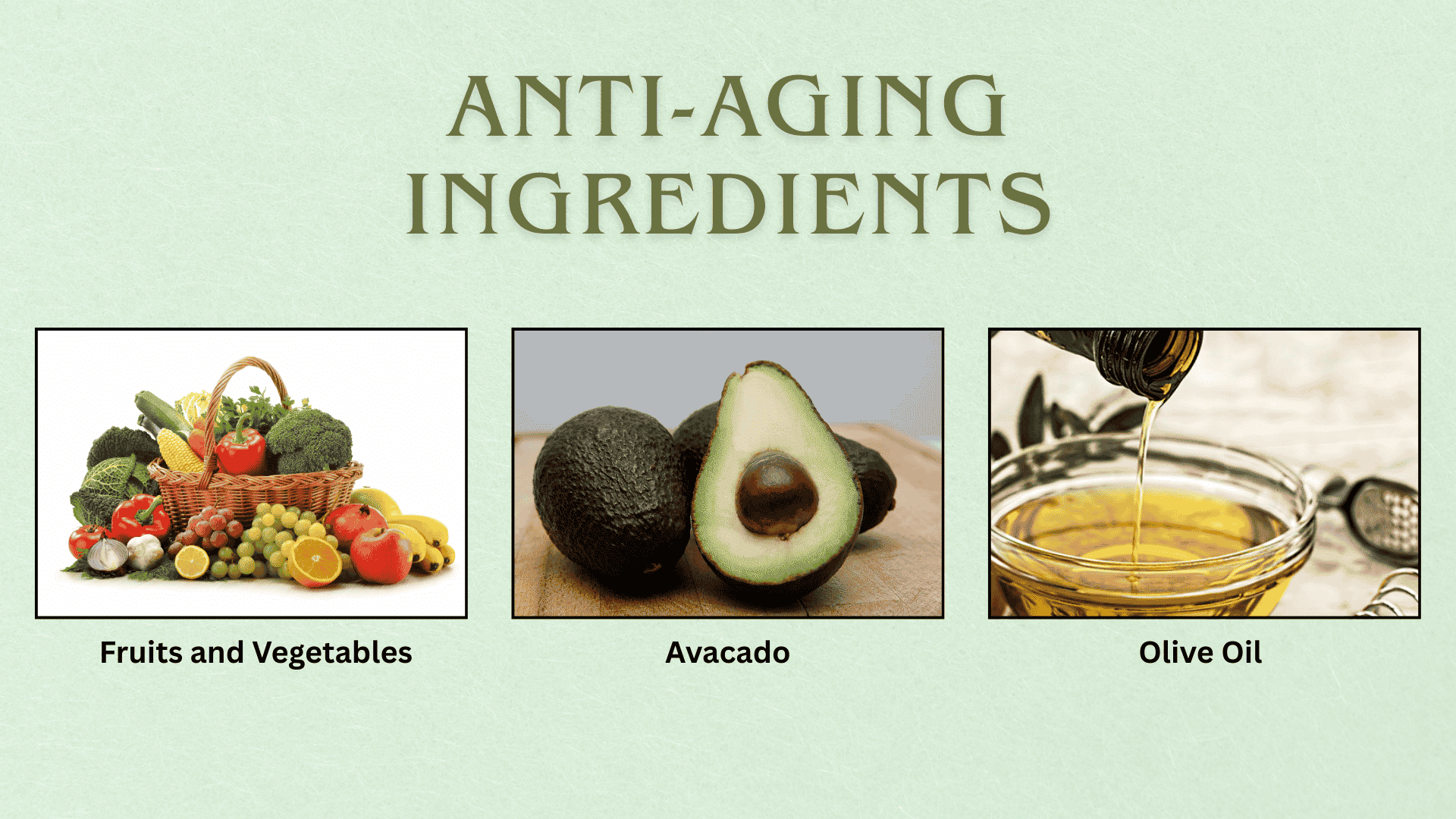Infographic showing anti-aging ingredients including retinol, vitamin C, and hyaluronic acid with visual examples of each ingredient (1)