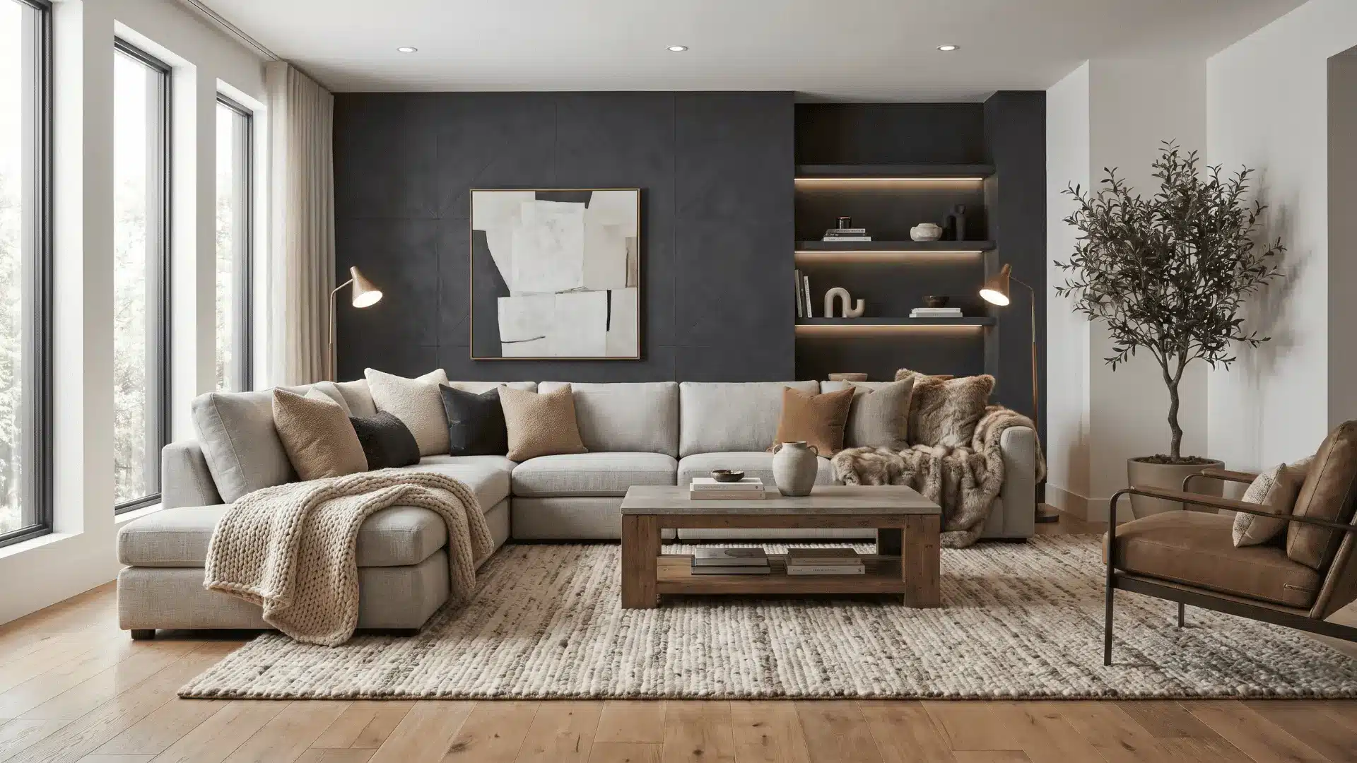 Interior showing layered textures with wood flooring, fabric cushions, and a textured accent wall creating depth