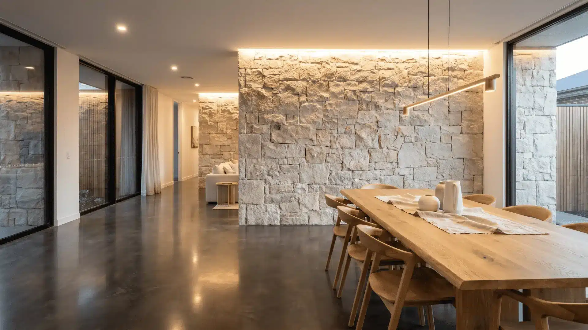 Interior with wooden furniture, stone wall, and concrete finishes adding depth