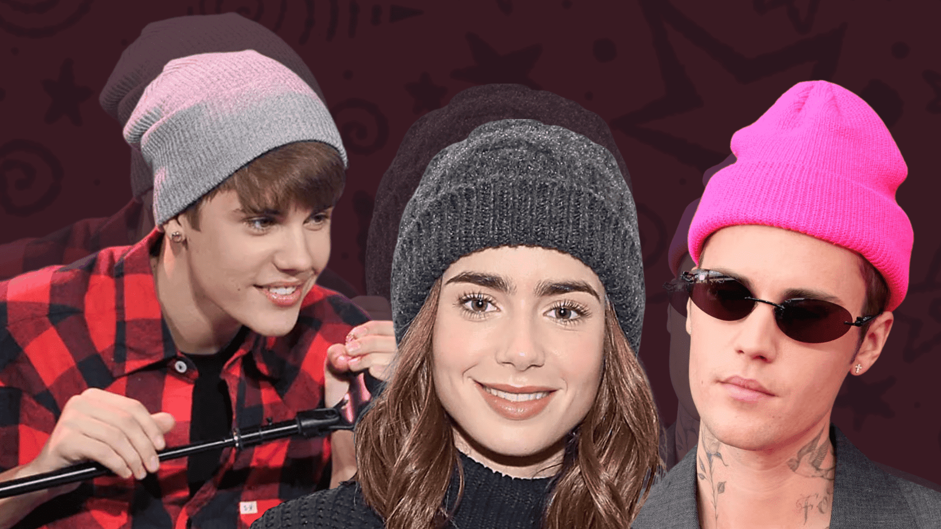 Justin Bieber and Lily Collins wearing stylish beanie hats in gray, black, and pink beanie looks