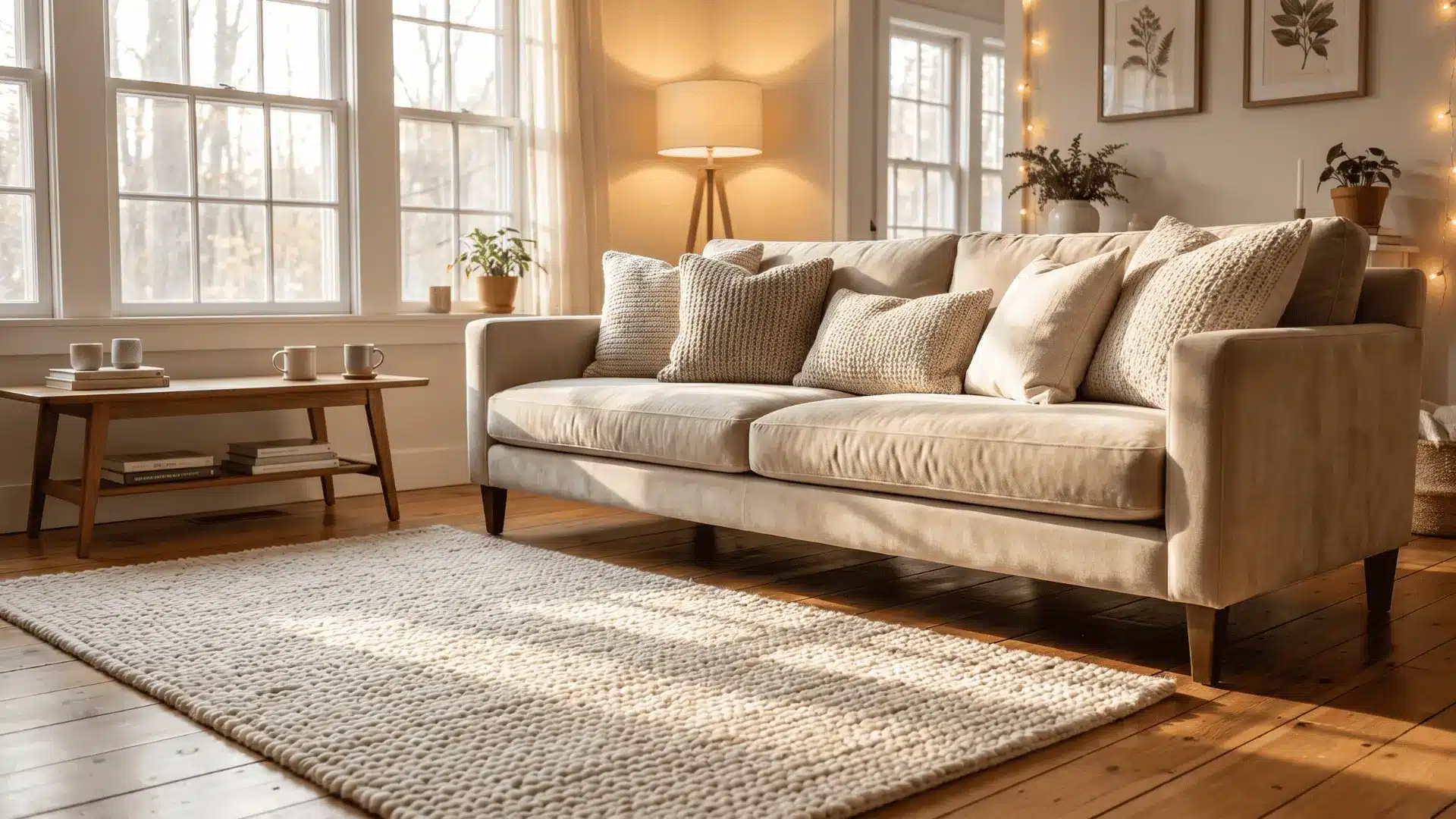 Living room with velvet sofa, cotton cushions, and soft rug creating a cozy feel