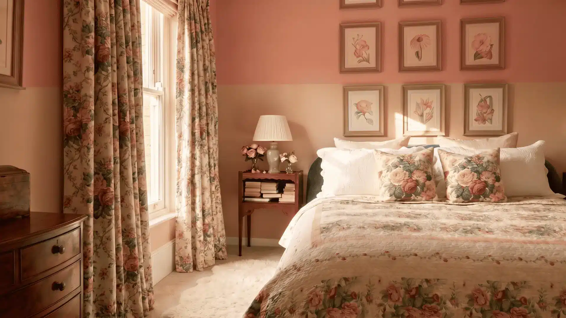 Modern cottagecore bedroom with pastel colors, soft linens, and a calm, minimal look