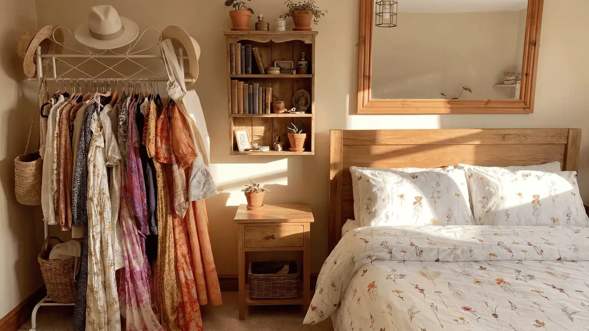 Modern cottagecore corner with books, baskets, and personal decor touches