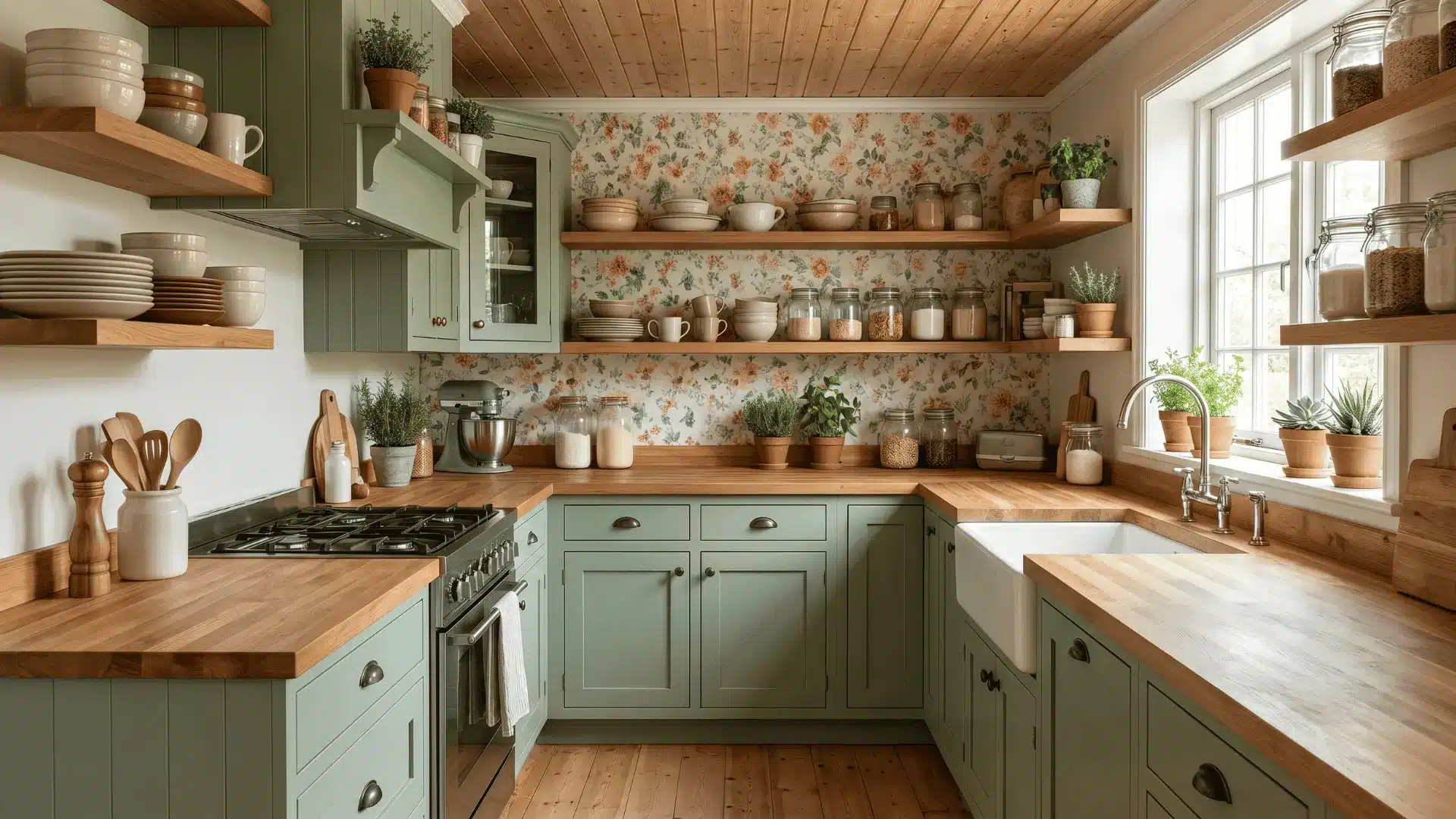 Modern cottagecore kitchen with open shelves, simple decor, and natural light
